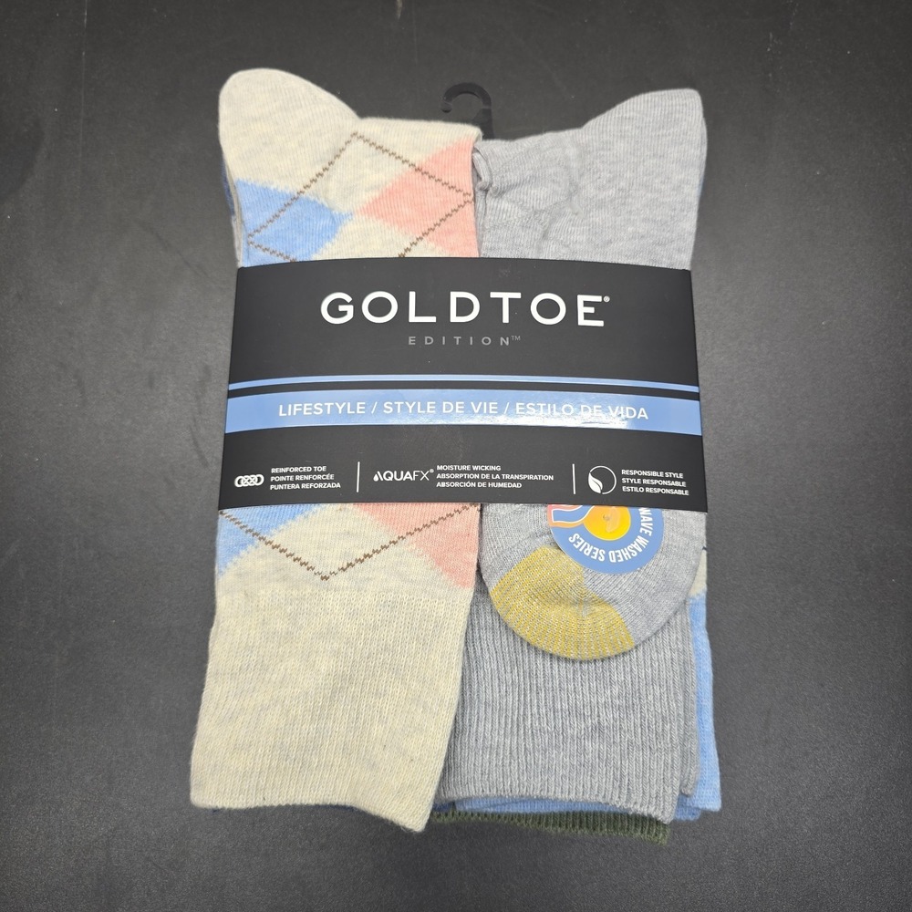 Gold Toe Men's Crew Socks Aquafx 6 Pair Sz 6-12.5 Assorted Colors Casual Argyle